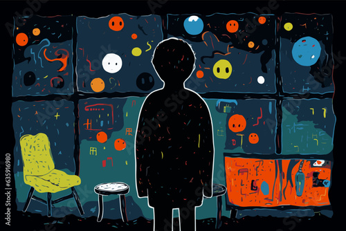 Kid scared of being home alone at night. Child mental health issues concept