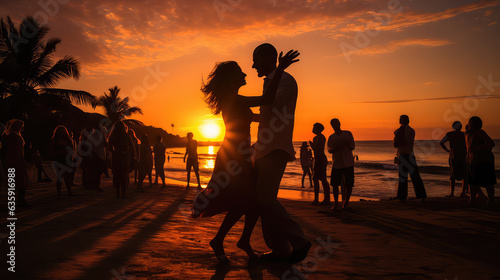 Couple dancing salsa bachata kizomba on the beach at sunset  AI image