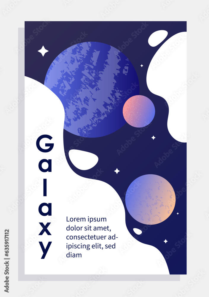 Poster with galaxy concept. Travel and adventure, scienrific expedition. Planets near stars and inscription. Template, layout and mock up. Cartoon flat vector illustration isolated on grey background
