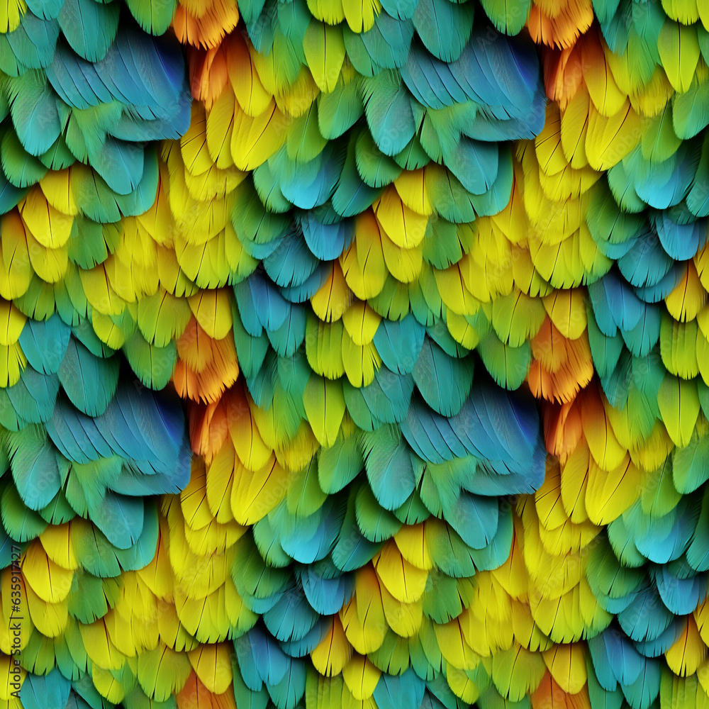 Obraz premium Colorful bird feather background. Photorealistic seamless pattern. Blue and yellow ruffled feathers of a parrot. AI-generated