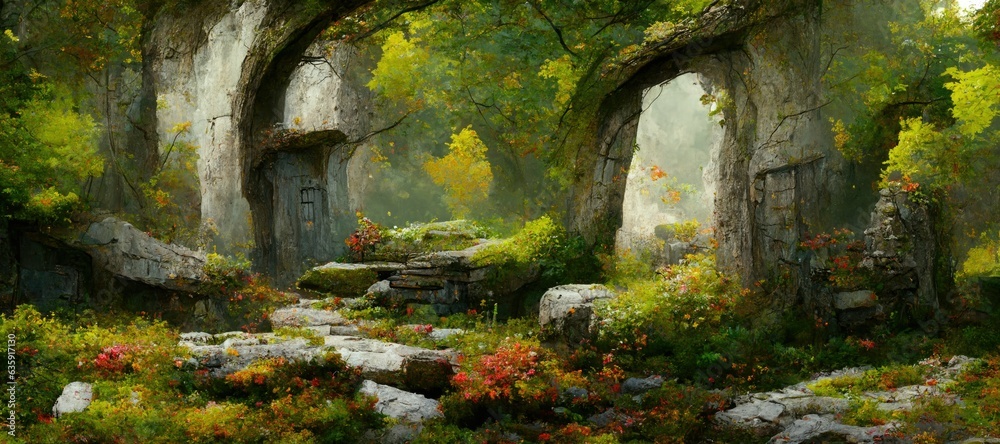 Mystical woodland forest in Autumn with remnants of old druid buildings in ruin. Enchanted magic forest, ancient trees, colorful flowers, peaceful dreamy fairytale fantasy wonderland, generative ai - obrazy, fototapety, plakaty 