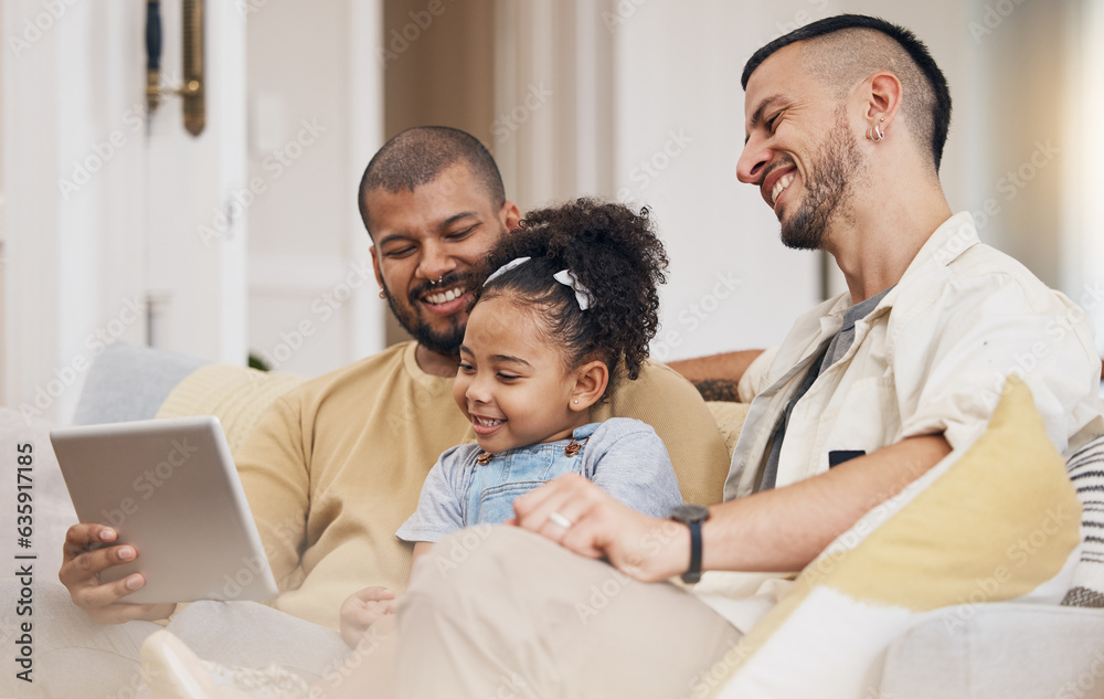 Gay family, child and tablet on home sofa for e learning, communication and education on internet. Adoption, lgbt men or parents with a happy kid and technology for streaming movies, games or show