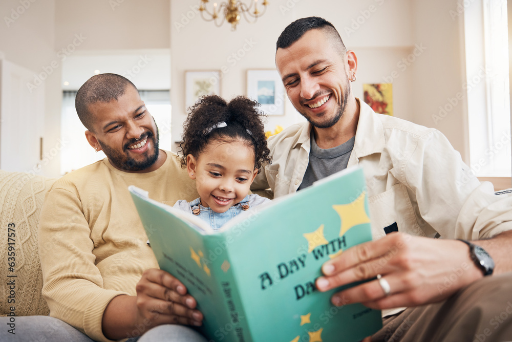 Obraz premium Gay couple, kid and book on couch with smile, bonding and love in storytelling in living room together. Happiness, lgbt men and girl reading story on sofa for fantasy, learning and education in home.