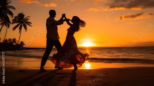 Couple dancing salsa bachata kizomba on the beach at sunset  AI image