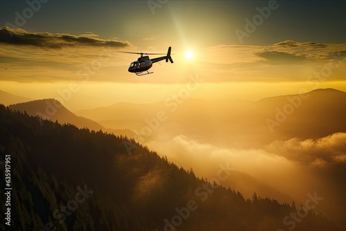 A black helicopter flies above the Rocky Mountains. dramatic sunrise. View from the air of clouds and mountains.