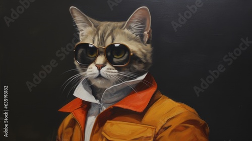 3d ironic portrait, Cat, Retro, Vintage, Yellow, Sunglasses, Orange, Dressed. 80S COOL CAT. Orange flashy zip jacket and thik eyeglasses (enlarged yellow eyes). White zip shirt.  photo