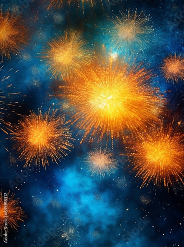 Vibrant Orange Fireworks Illuminating the Dark Blue Sky - A Celebration of New Year and Milestones AI generated