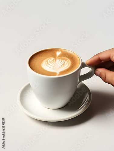 cup of cappuccino with latte art on white background