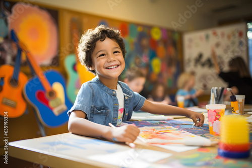 Happy school little boy multicolor painting a white paper. A paintbrush creative art and craft class at school.