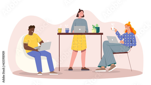 People at modern open space concept. People with laptops sitting at desk. Colleagues and coworkers working on common project. Teamwork and partnership. Cartoon flat vector illustration