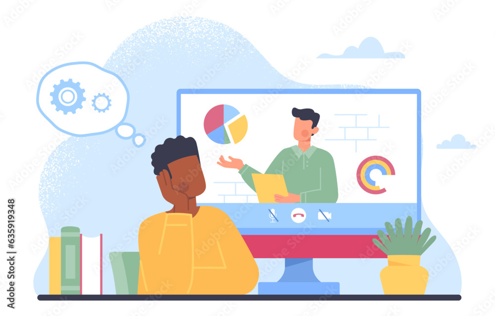 Man with online course concept. Young guy with monitor. Teacher gives lecture, shows graphs and diagrams. Distance education and training, learning. Cartoon flat vector illustration Man with online course concept. Young guy with monitor. Teacher gives lecture, shows graphs and diagrams. Distance education and training, learning. Cartoon flat vector illustration