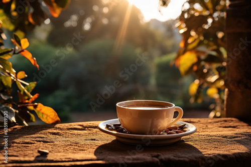 Cup of fresh hot coffee outdoors on a sunny morning