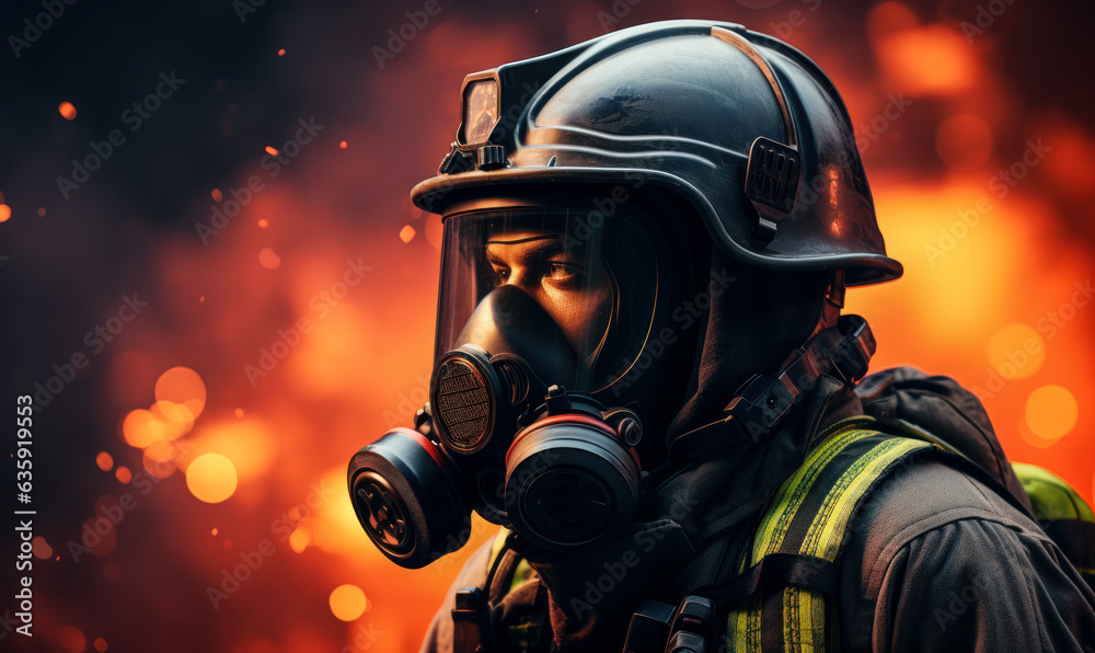 Heroic Firefighter: A photo of a firefighter in a gas mask and helmet, saving lives.