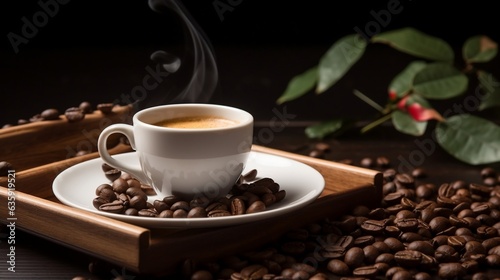 Coffee cup and coffee beans on wooden tray on dark background