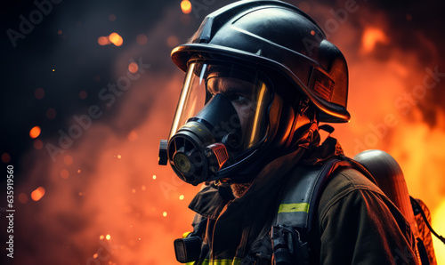 Danger: Firefighter at Work: A photo of a firefighter in a gas mask and helmet, working in a dangerous environment.