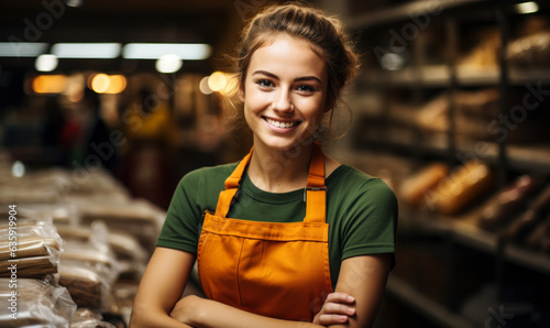Young Saleswoman in Apron Stocking Shelves at Supermarket: A young saleswoman in an apron stocks shelves at a supermarket