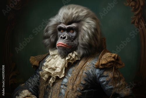 Gorilla, 3d funny portrait, 1700, Noble, Aristocratic, Dressed, Attire, Wig. HIGH ARISTOCRACY GORILLA. A 1700s elderly, elegant gorilla. Gray wig, ruffled ivory-colored collar. Graceful standing pose. photo