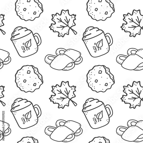 Seamless pattern of fall season. Hygge elements. Cookie, fallen leaves,  slippers. Isolated flat vector illustration. Hand drawn.For greeting card, wallpaper,  pattern fills, web page, background, inv