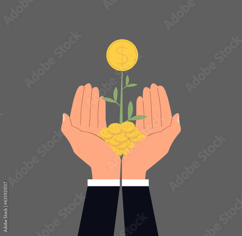Businessman prosperity concept. Hands holding plant with coins. Financial literacy and passive income. Successful entrepreneur, trader and investor. Cartoon flat vector illustration