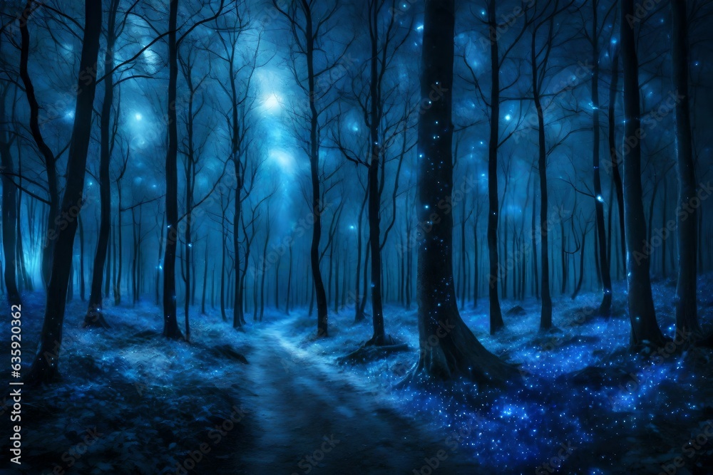 Mystical magical blue forest at night with glowing lights , Generative ai