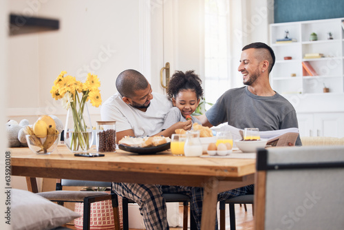 Laugh, gay men and family at breakfast together in the dining room of their modern house. Smile, happy and girl child bonding and eating a healthy meal for lunch or brunch with her lgbtq dads at home