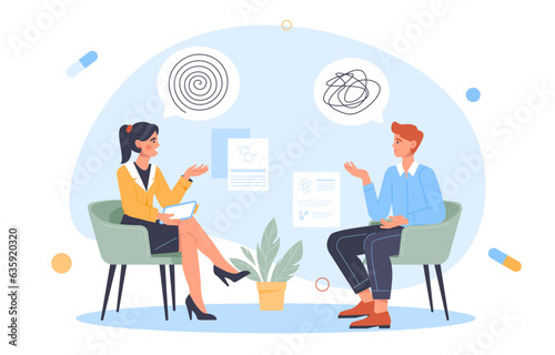 Psychologist with client concept. Man answers womans questions. Mental health and psychological support, awareness. Counseling and therapy. Frustration and depression. Cartoon flat vector illustration