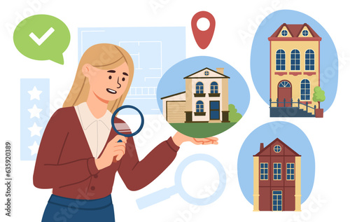 Woman sale house concept. Young girl with magnifying glass near real estate and private property. Realtor with loupe. Investing, economy and trading. Cartoon flat vector illustration