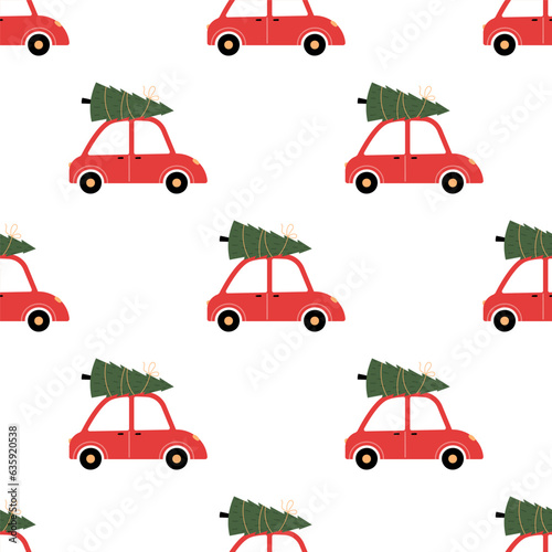 Seamless Christmas pattern with a car carrying a Christmas tree on a white background.