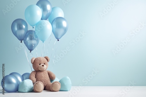 Teddy bear with blue balloons in the bright room Generative AI.
