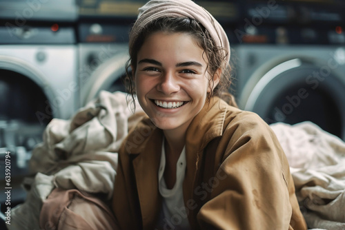 Generative AI illustration of young smiling woman in casual clothing looking at camera against blurred laundry photo