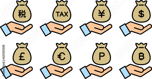 お金の袋と手のアイコン（税金・円・ドル・ユーロ・ポンド・ビットコイン・ポイント）, money bag and hand icon (TAX, yen, dollar, euro, pound, bitcoin, point)
