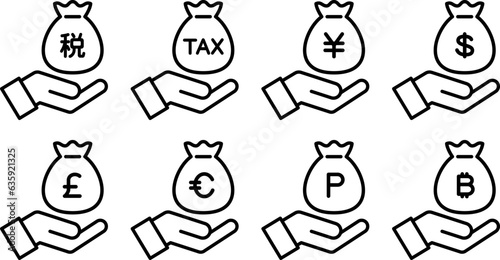 お金の袋と手のアイコン（税金・円・ドル・ユーロ・ポンド・ビットコイン・ポイント）, money bag and hand icon (TAX, yen, dollar, euro, pound, bitcoin, point)
