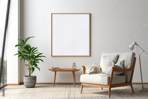 A tranquil room adorned with minimalist furniture, where a solitary white chair and table stand against a wall adorned with intricate art, while a vibrant houseplant in a flowerpot brings life to the