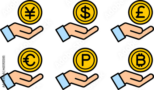 お金のコインと手のアイコン（円・ドル・ユーロ・ポンド・ビットコイン・ポイント）, money and hand icon (yen, dollar, euro, pound, bitcoin, point)