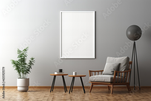 A stark white frame adorns the indoor wall  surrounded by stylish furniture and accents like a delicate vase  lush houseplant  and charming flowerpot  all set against a sleek floor  creating a captiv