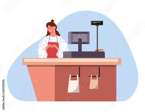 Supermarket cashier at checkout concept. Young girl near atm ternminal. Market, shop or store staff. Seller waiting customers and clients. Cash register worker. Cartoon flat vector illustration