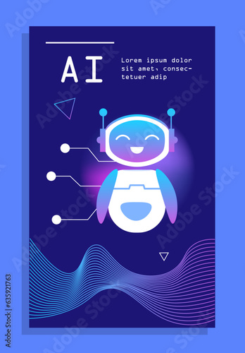 Technology AI poster concept. Artificial intelligence and machine learning. Modern technologies and innovations. Futuristic cover or flyer. Cartoon flat vector illustration isolated on blue background