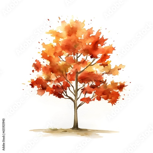 Maple tree isolated on white background in watercolor style