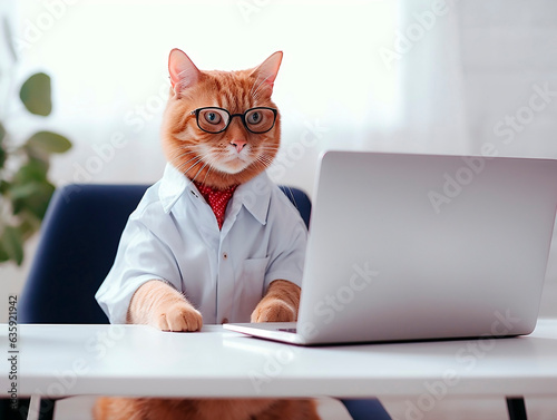 Cute red cat in doctor's office sitting at the table with laptop