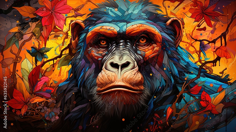  a monkey with a colorful background and leaves on it's face.  generative ai