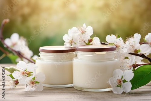 Beauty and spa theme with natural organic eco cosmetics in open jars with blooming cherry flowers generative ai