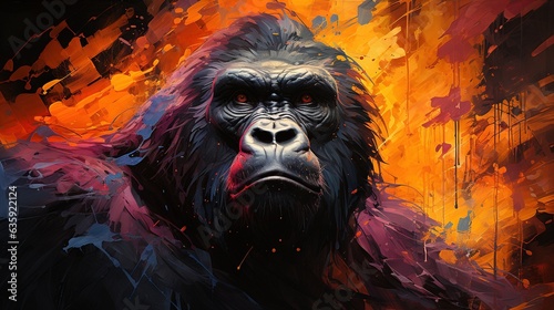  a painting of a gorilla with a red and yellow background. generative ai