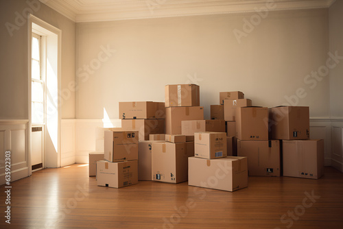 Cardboard boxes loaded with household stuff in an empty room at a moving day. Moving boxes stacked on the floor in empty room ready for transportation to new house. Relocation banner, copy space © V-anila