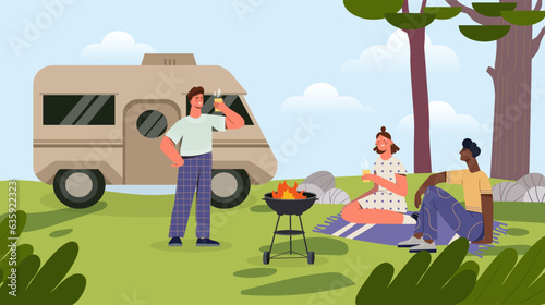 People at vacation at camp concept. Men and woman with hot drinks and barbecue. Summer rest outdoor at nature. Young guys and girl near van and camper in forest. Cartoon flat vector illustration