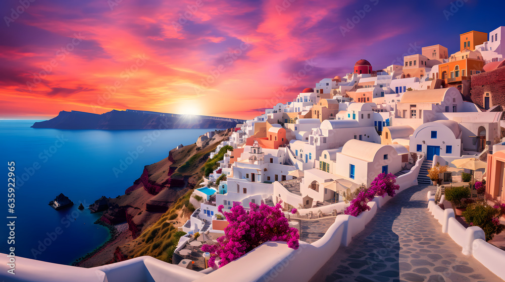 Fototapeta premium Step into a world of Mediterranean dreams with this enchanting image of idyllic houses. Nestled on a hillside or perched on cliffs, these homes offer panoramic vistas of the azure sea below. With terr