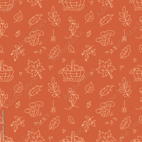 Autumn seamless pattern with maple and oak leaves, chanterelle and basket of mushrooms. Monochrome line pattern on orange. Autumn forest. Fall season background