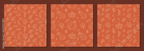 Set of autumn seamless patterns with pumpkin, maple and oak leaves, chanterelle and basket of mushrooms. Monochrome line pattern on orange. Autumn forest. Fall season background