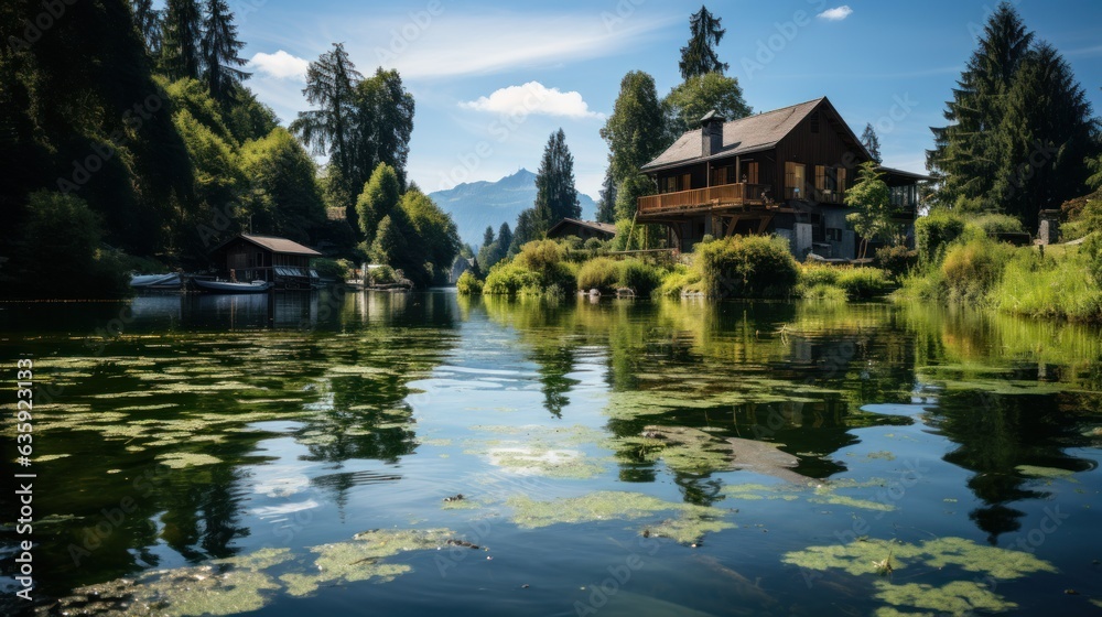 The small wooden house by the lake under the blue sky and white clouds is a serene and beautiful sight. The calm lake water reflects the image of the blue sky and white clouds, creating a dreamlike sc