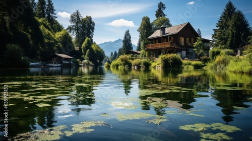 The small wooden house by the lake under the blue sky and white clouds is a serene and beautiful sight. The calm lake water reflects the image of the blue sky and white clouds  creating a dreamlike sc