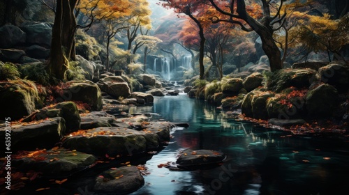 A scene of nature, tall waterfall, dramatic, wet, with trees with multicolored leaves, where each leaf represents a different emotion or expression in art therapy